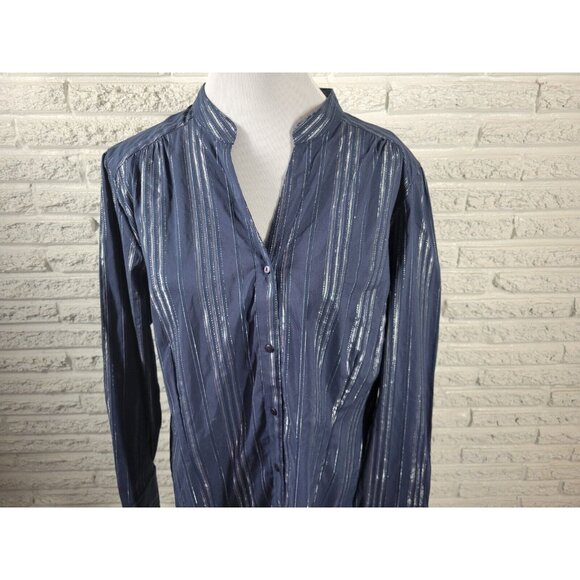 Ana Womens Top 3X Plus Long Sleeve Button Up Blue Silver Metallic STR107E - Picture 2 of 11